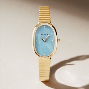 NWOT Breda Jane unisex gold watch with light blue marbled face - extra links!